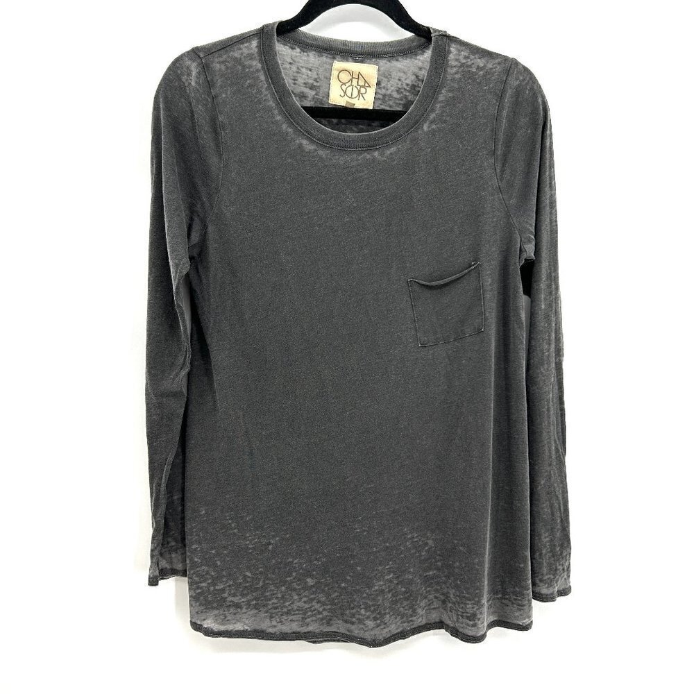 NWT CHASER Basic Vintage Black Burnout Long Sleeve Pocket Boxy Shirt Size Medium
